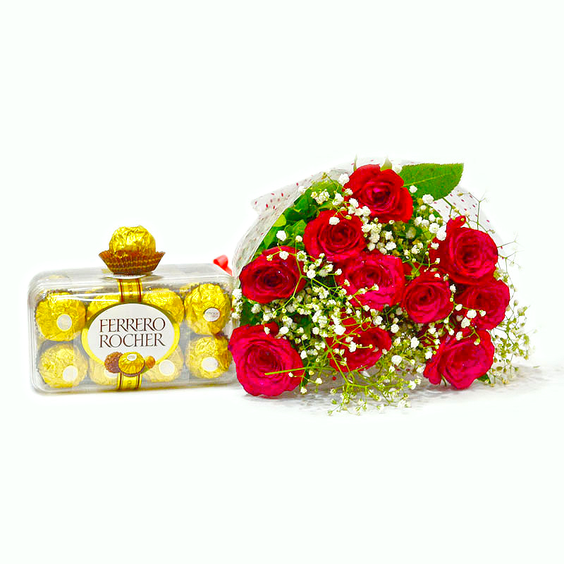 Lovely Ten Red Roses Bouquet with Ferrero Rocher Chocolate Box