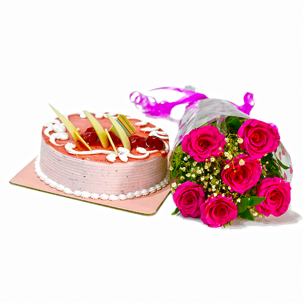 Six Pink Roses Bunch with Strawberry Cake