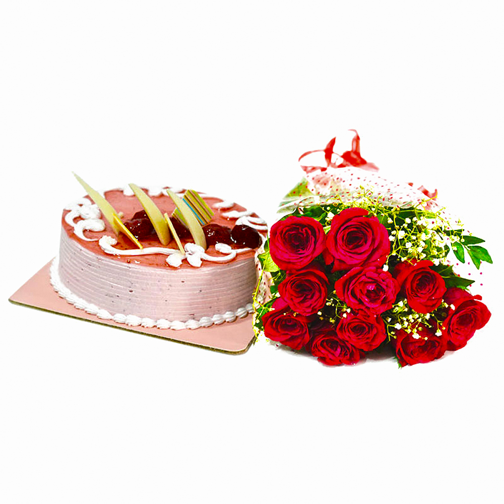 Bouquet of Red Roses with Strawberry Cake