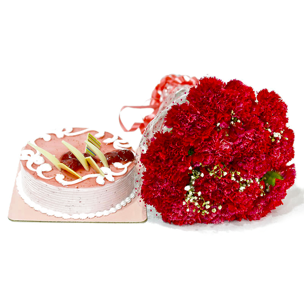 Bouquet of Red Carnations with Strawberry Cake