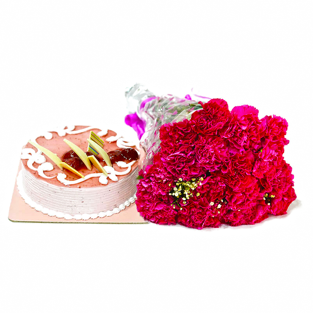 Bouquet of Pink Carnations with Strawberry Cake