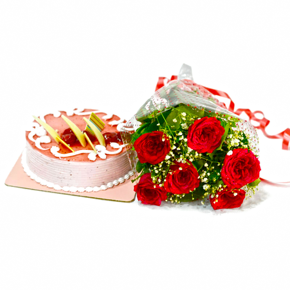 Six Red Roses Bunch with Strawberry Cake