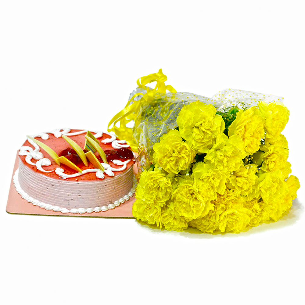 Bouquet of Yellow Carnations with Strawberry Cake