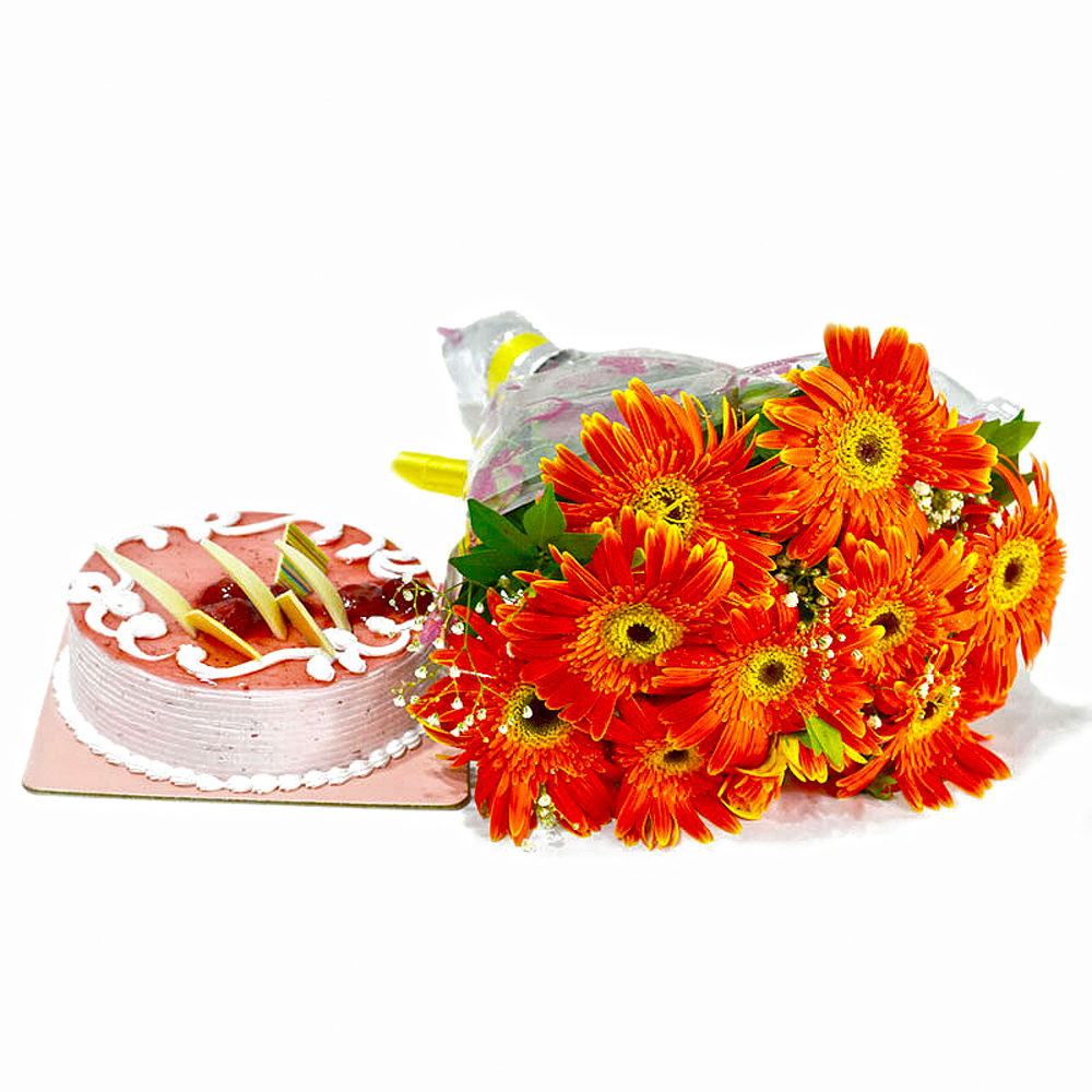 Orange Gerberas Bouquet with Strawberry Cake