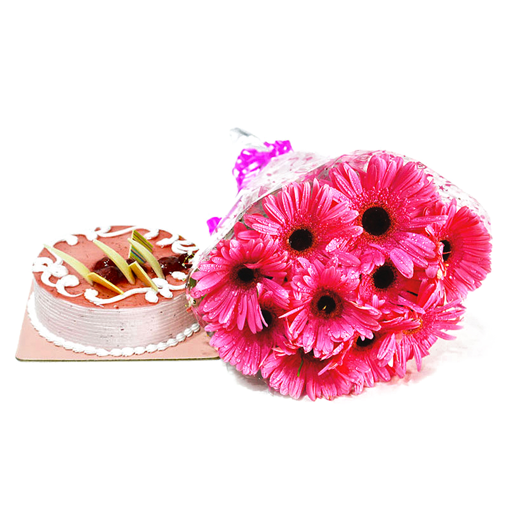 Pink Gerberas Bouquet with Strawberry Cake