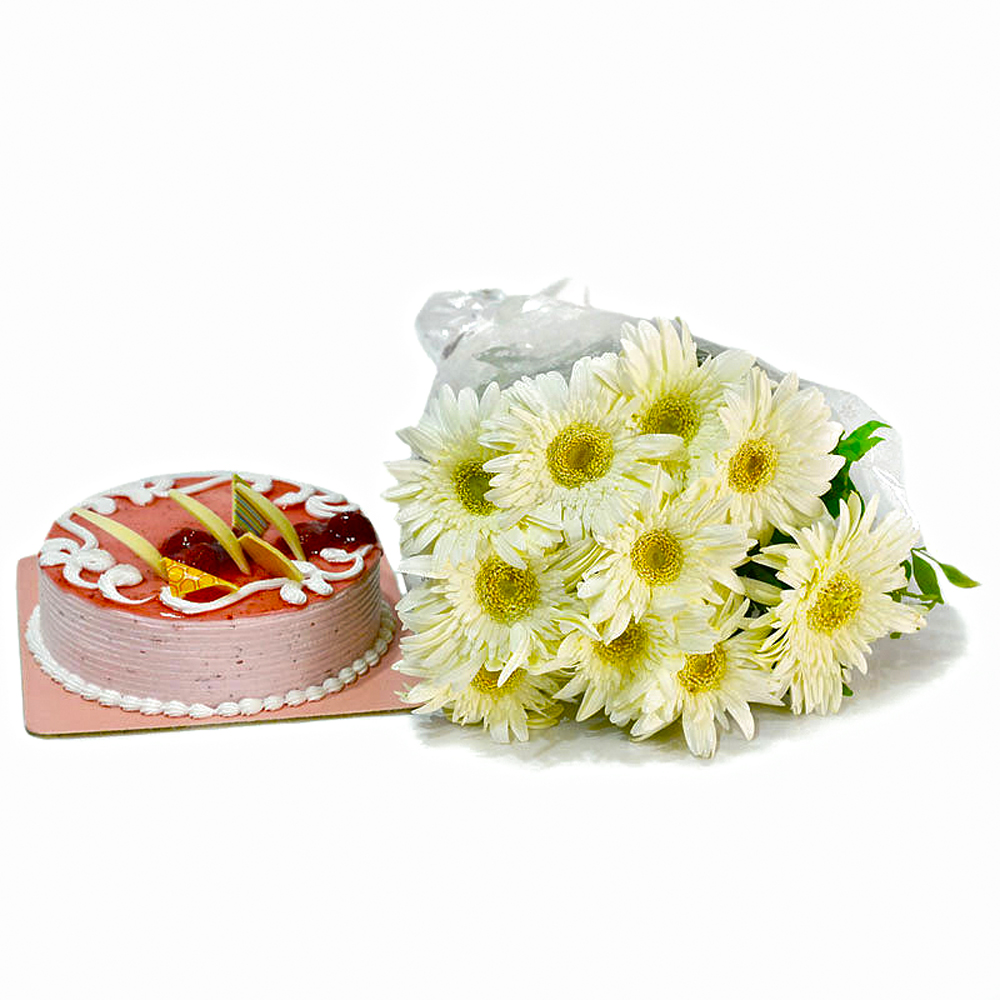 Ten White Gerberas with Strawberry Cake