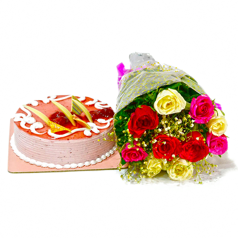 Ten Multi Color Roses Bunch with Strawberry Cake