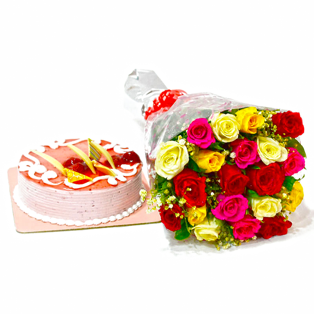 Twenty Colorful Roses with Strawberry Cake