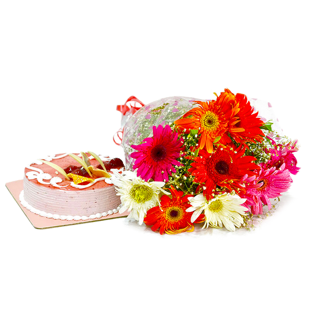 Ten Multi Color Gerberas with Strawberry Cake