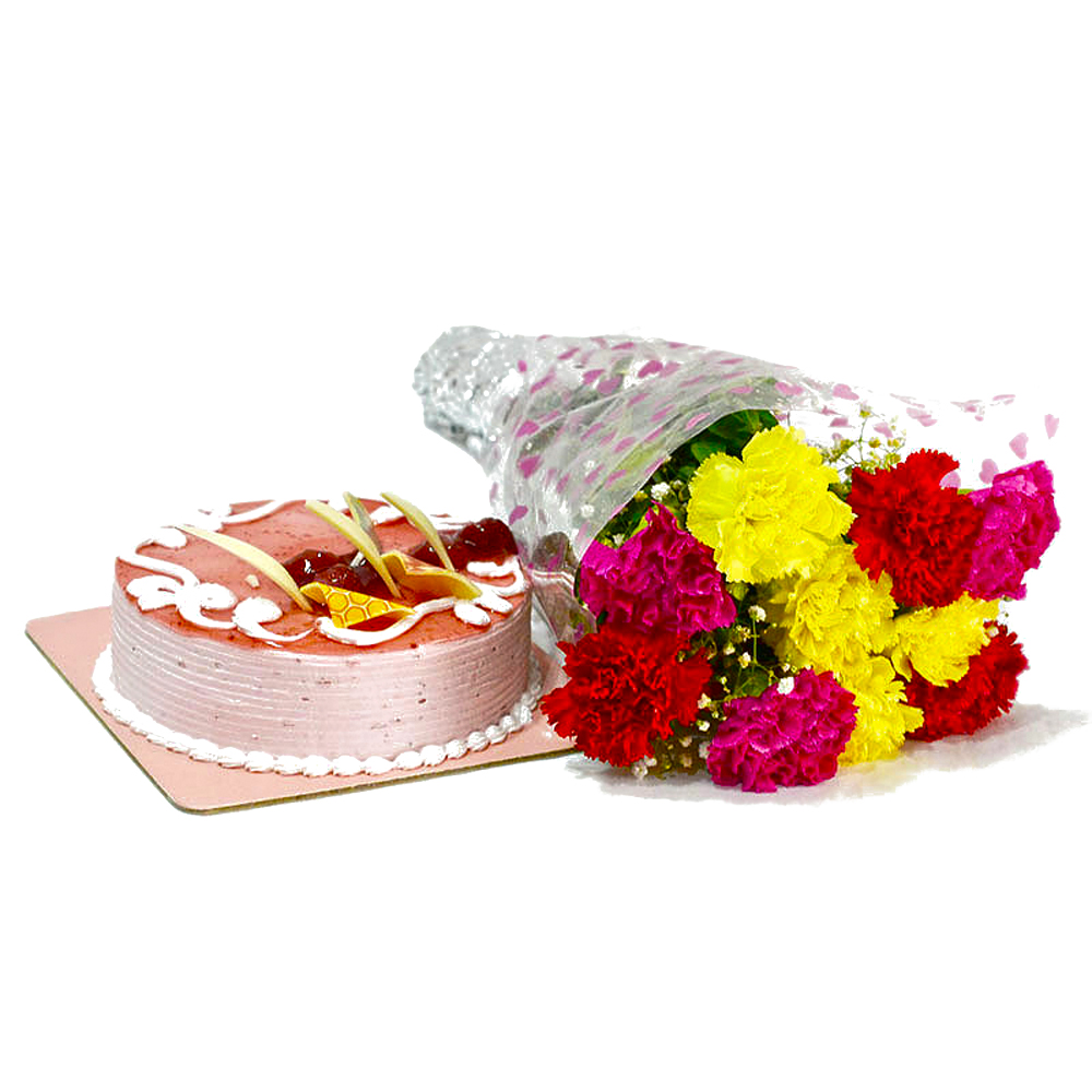 Colorful Carnations Bouquet with Strawberry Cake