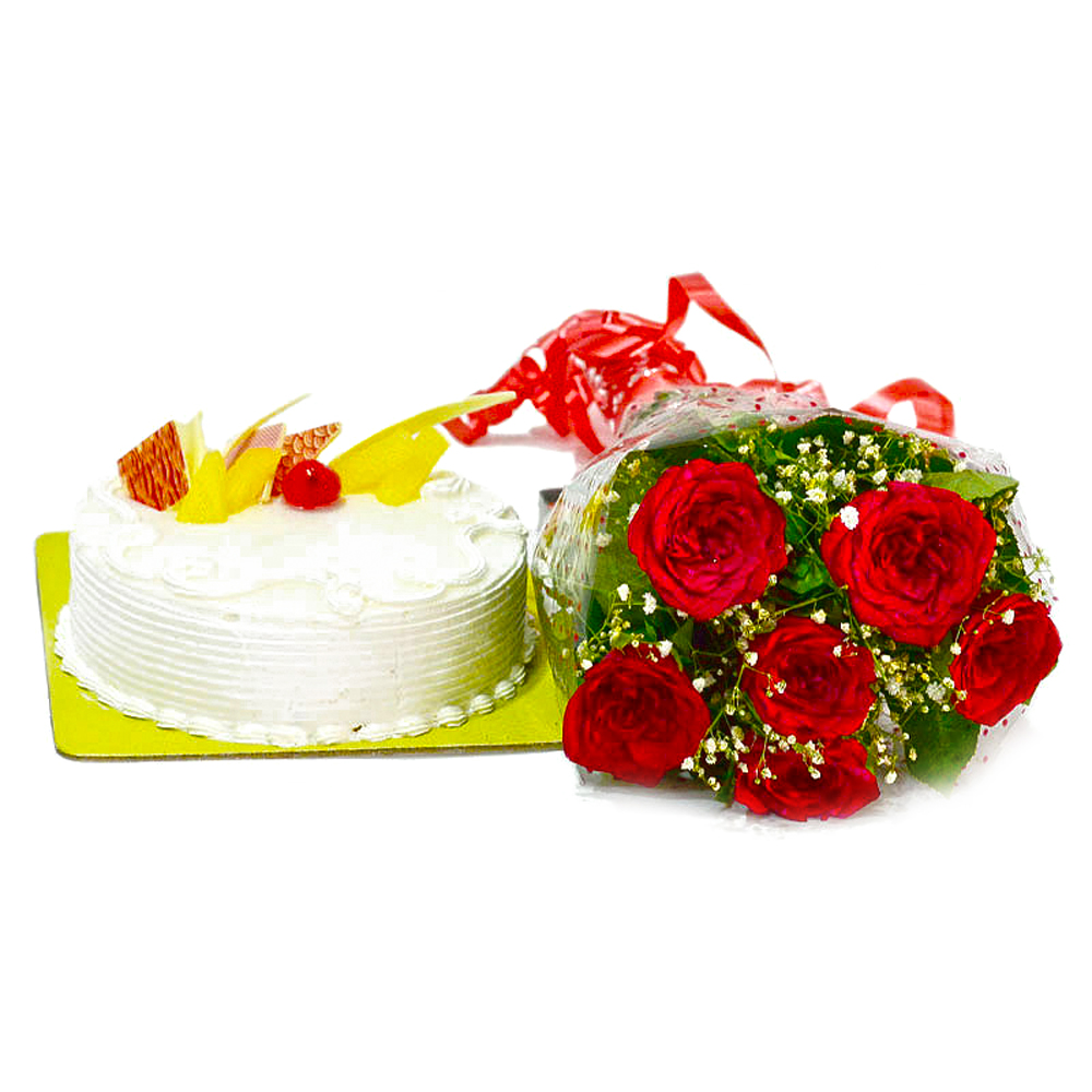 Pineapple Cake with Red Roses Bunch