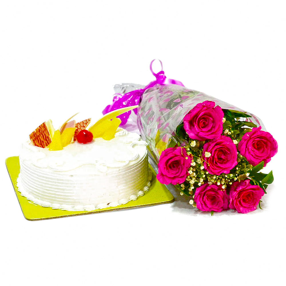 Six Pink Roses Bunch with Pineapple Cake