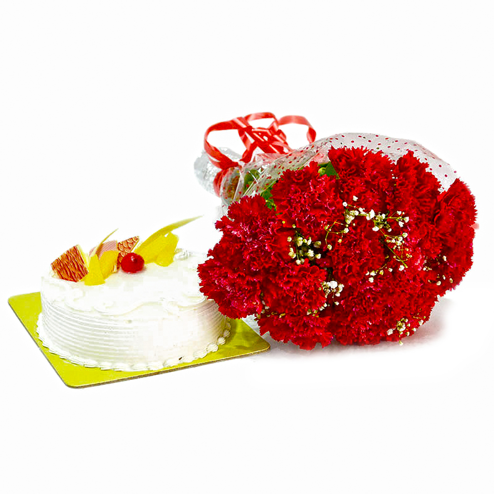 Red Carnations Bouquet and Pineapple Cake