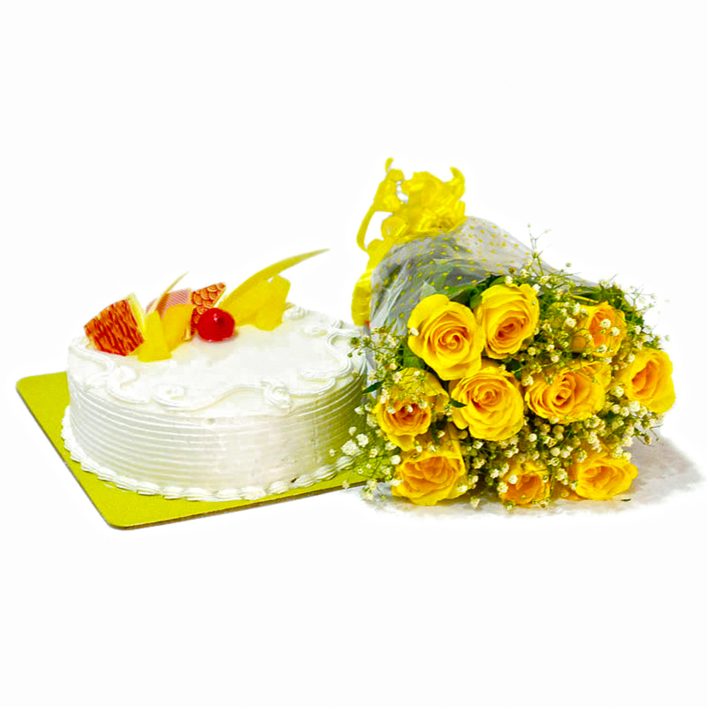 Bunch of Yellow Roses and Pineapple Cake