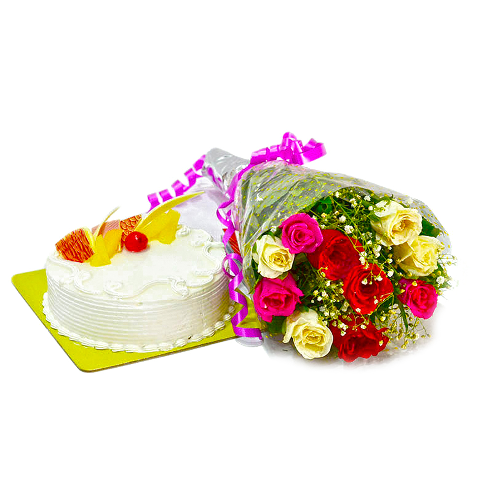 Bunch of Mix Roses with Pineapple Cake