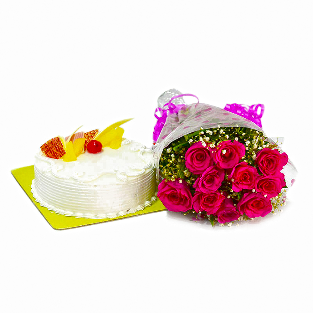 Birthday Surprise of Pineapple Cake and Roses