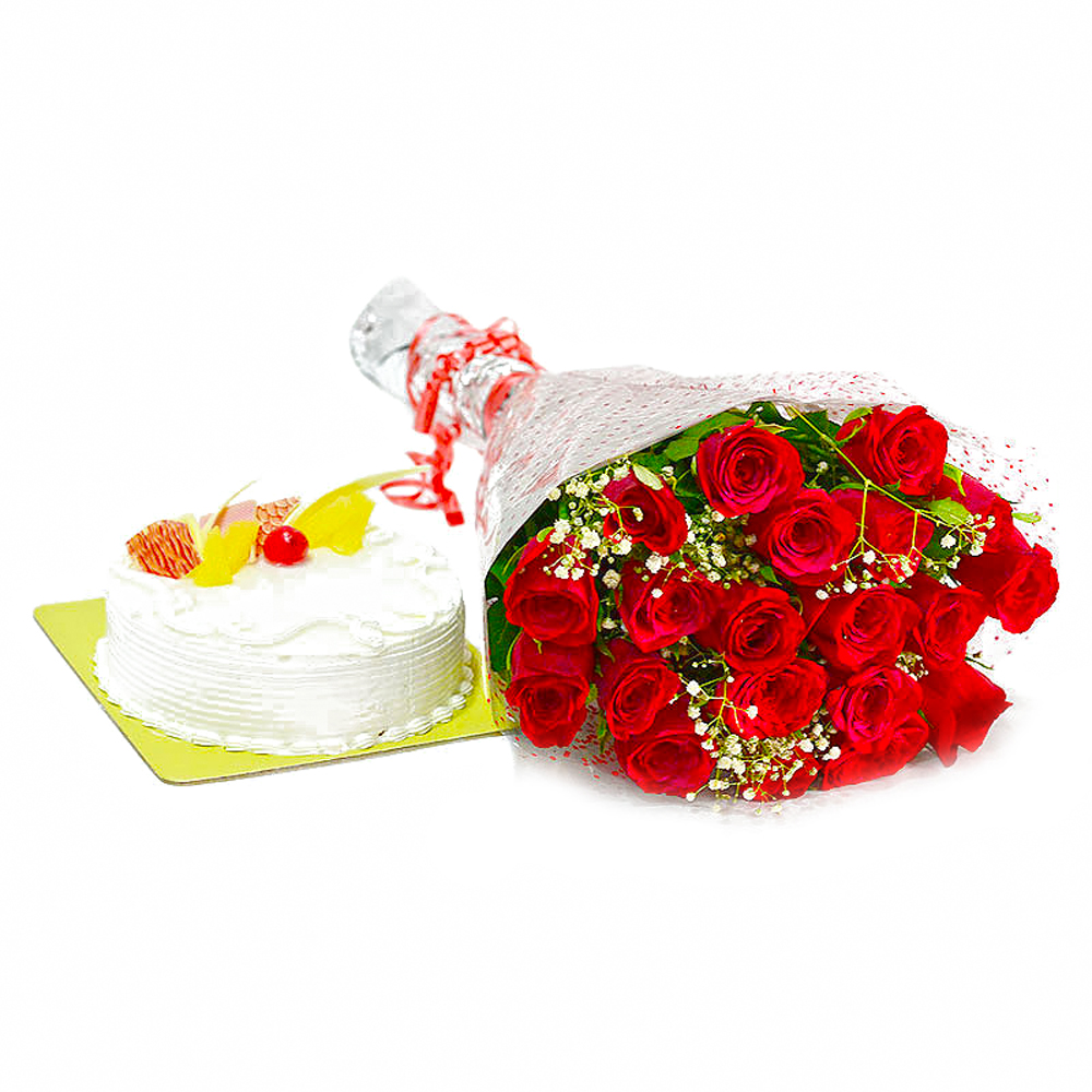 Twenty Red Roses Bouquet with Pineapple Cake