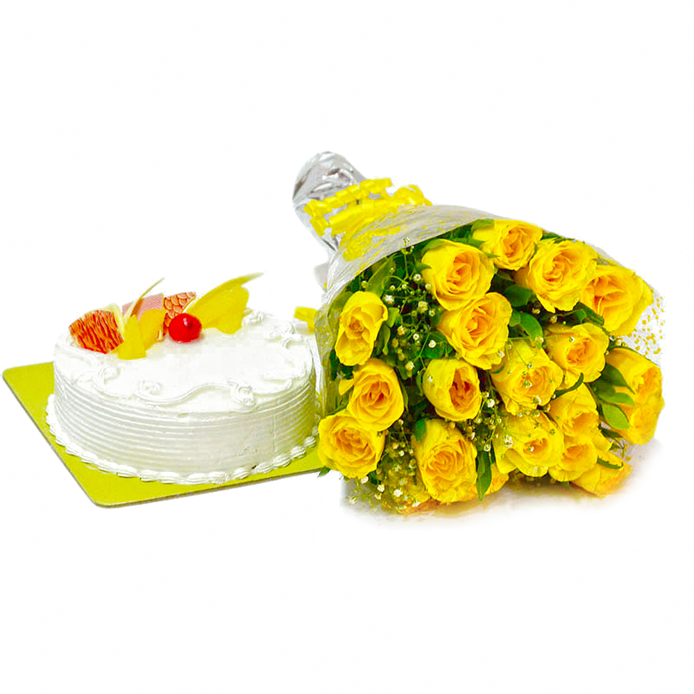 Eighteen Yellow Roses and Pineapple Cake
