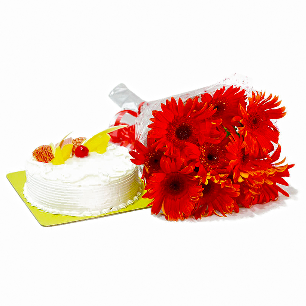 Red Gerberas Hand Tied Bunch with Pineapple Cake