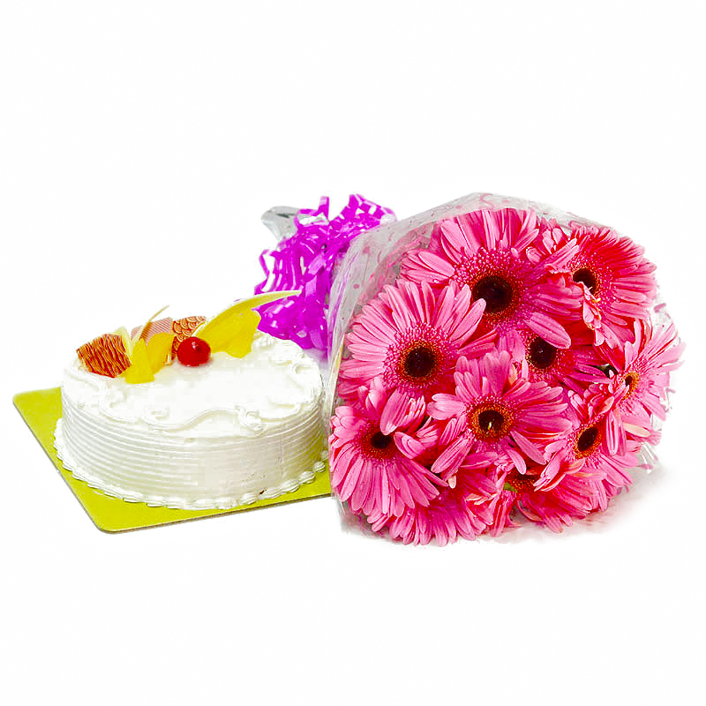 Ten Pink Gerberas Bunch with Pineapple Cake