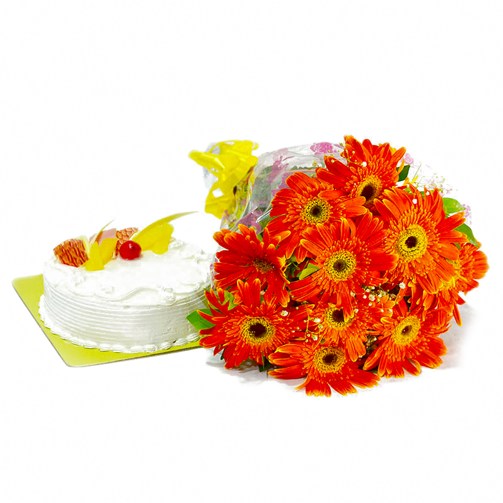 Ten Orange Gerberas Bunch with Pineapple Cake