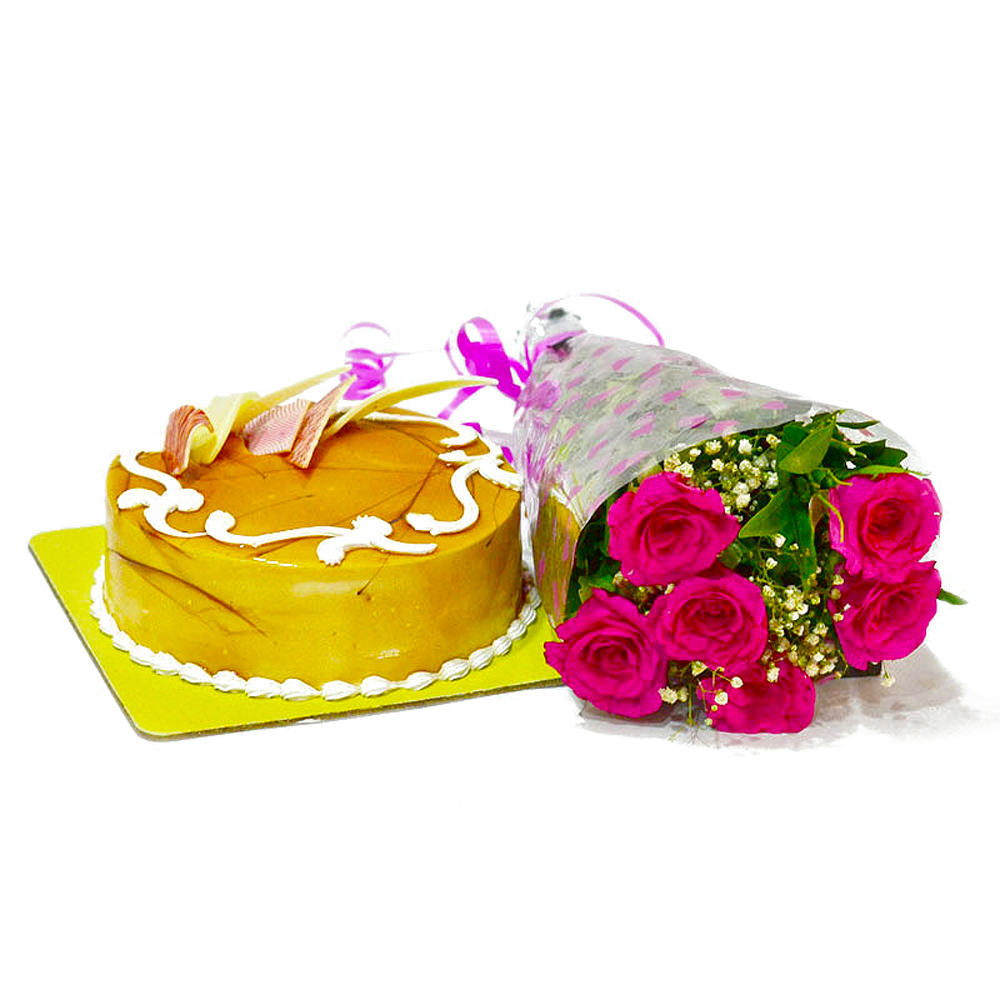 Six Pink Roses Bunch and Butterscotch Cake