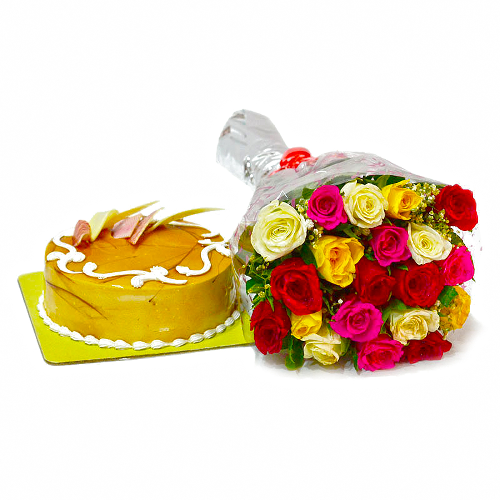 Twenty Colorful Roses Bunch with Butterscotch Cake