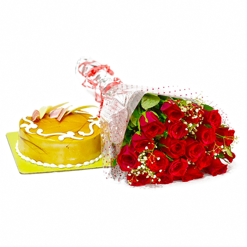 Romantic 20 Red Roses with Butterscotch Cake