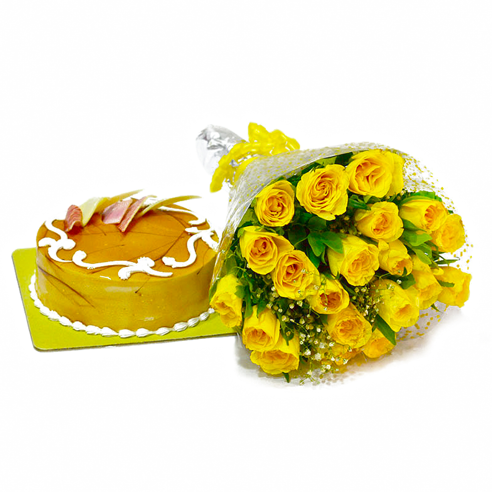 Shiny Yellow Roses with Butterscotch Cake