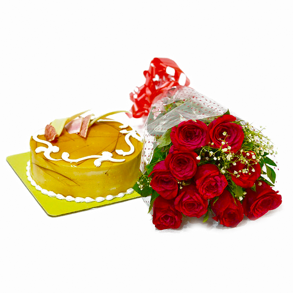 Love Bouquet of 10 Red Roses with Butterscotch Cake
