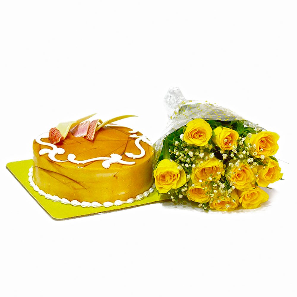Yellow Roses with Butterscotch Cake as Anniversary Gifts