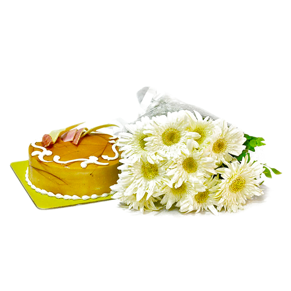 Bouquet of 10 White Gerberas with Butterscotch Cake