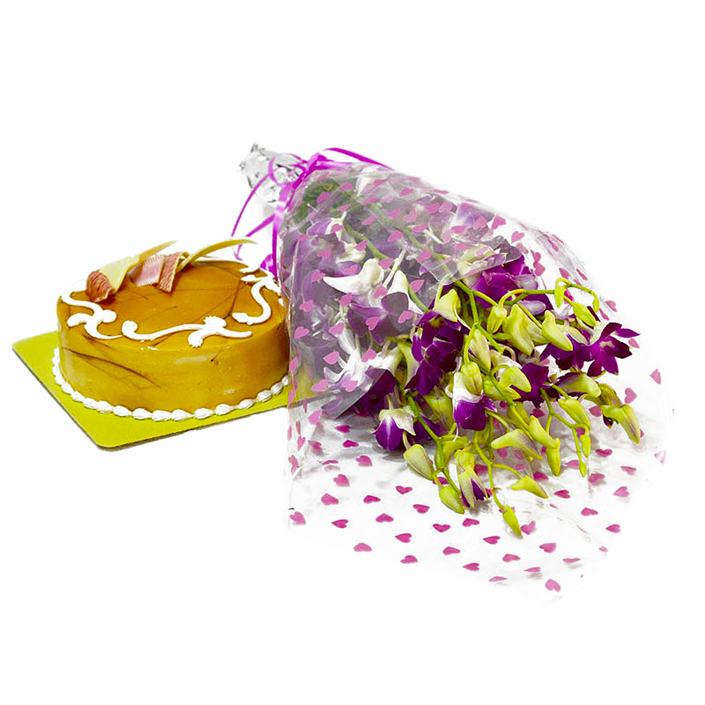 Butterscotch Cake with Purple Orchids Bouquet