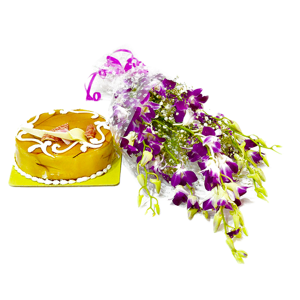 Exotic Orchids Bouquet and Butterscotch Cake