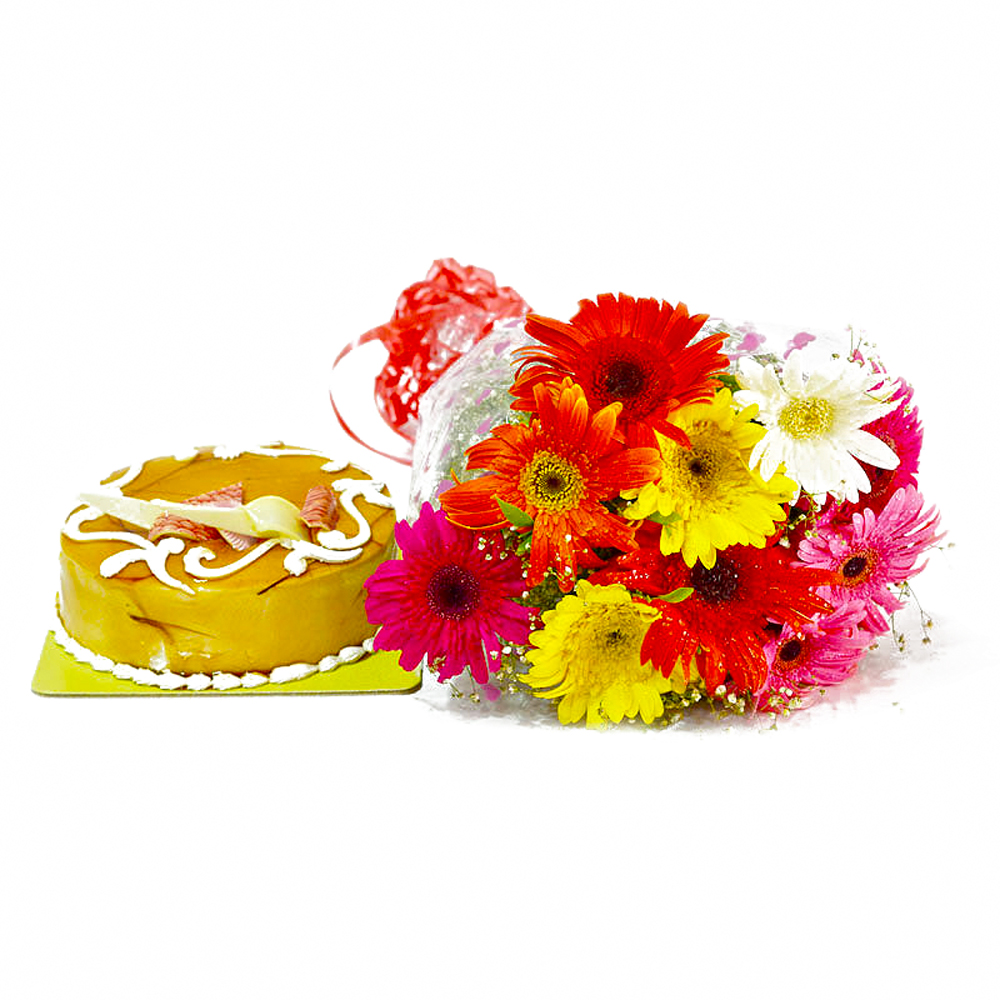 Colorful Gerberas Bouquet and Butterscotch Cake