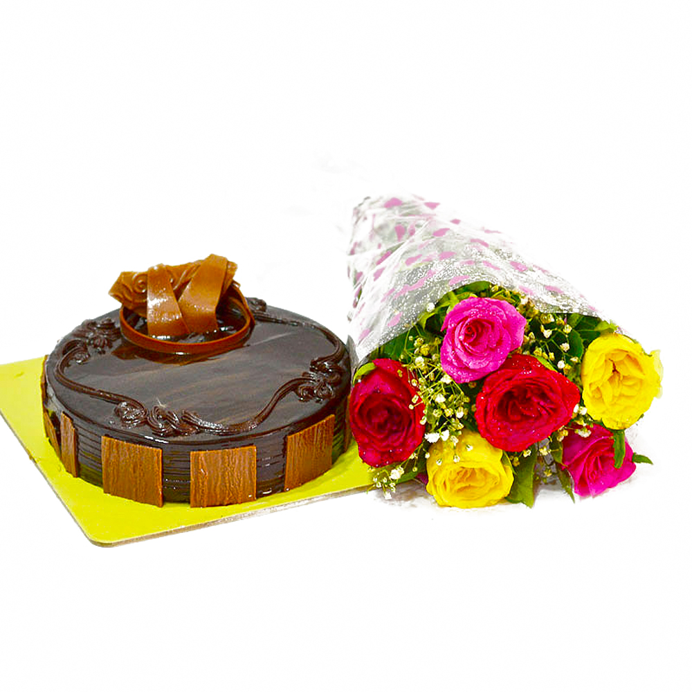 Birthday Combo of Colorful Roses and Chocolate Cake
