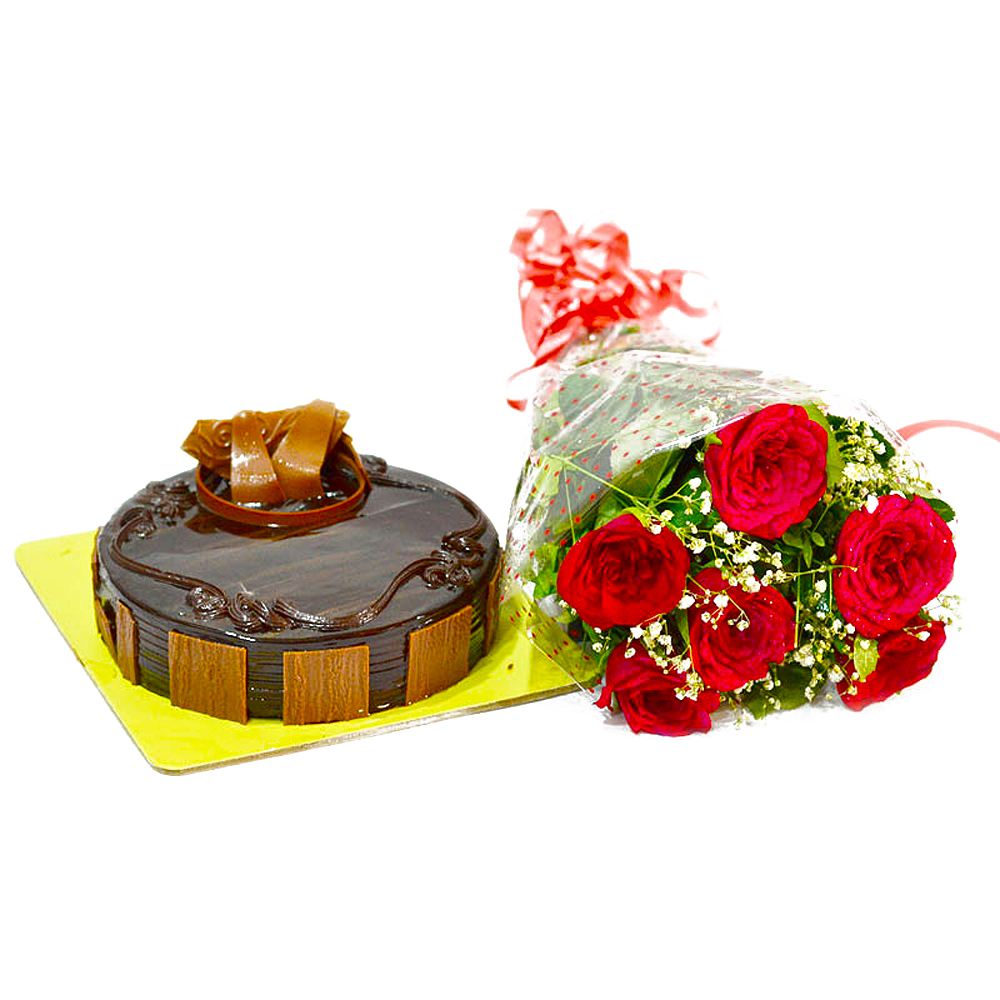 Half Kg Chocolate Cake and Red Roses Bouquet