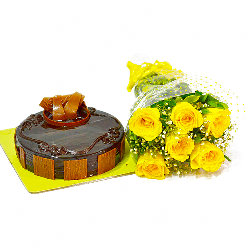 Half Kg Chocolate Cake and Yellow Roses Bouquet