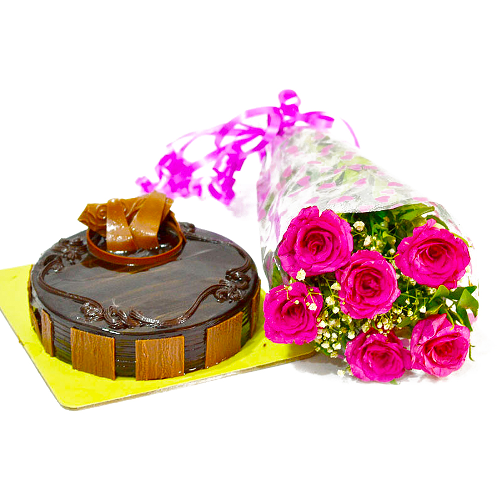Half Kg Chocolate Cake and Pink Roses Bouquet