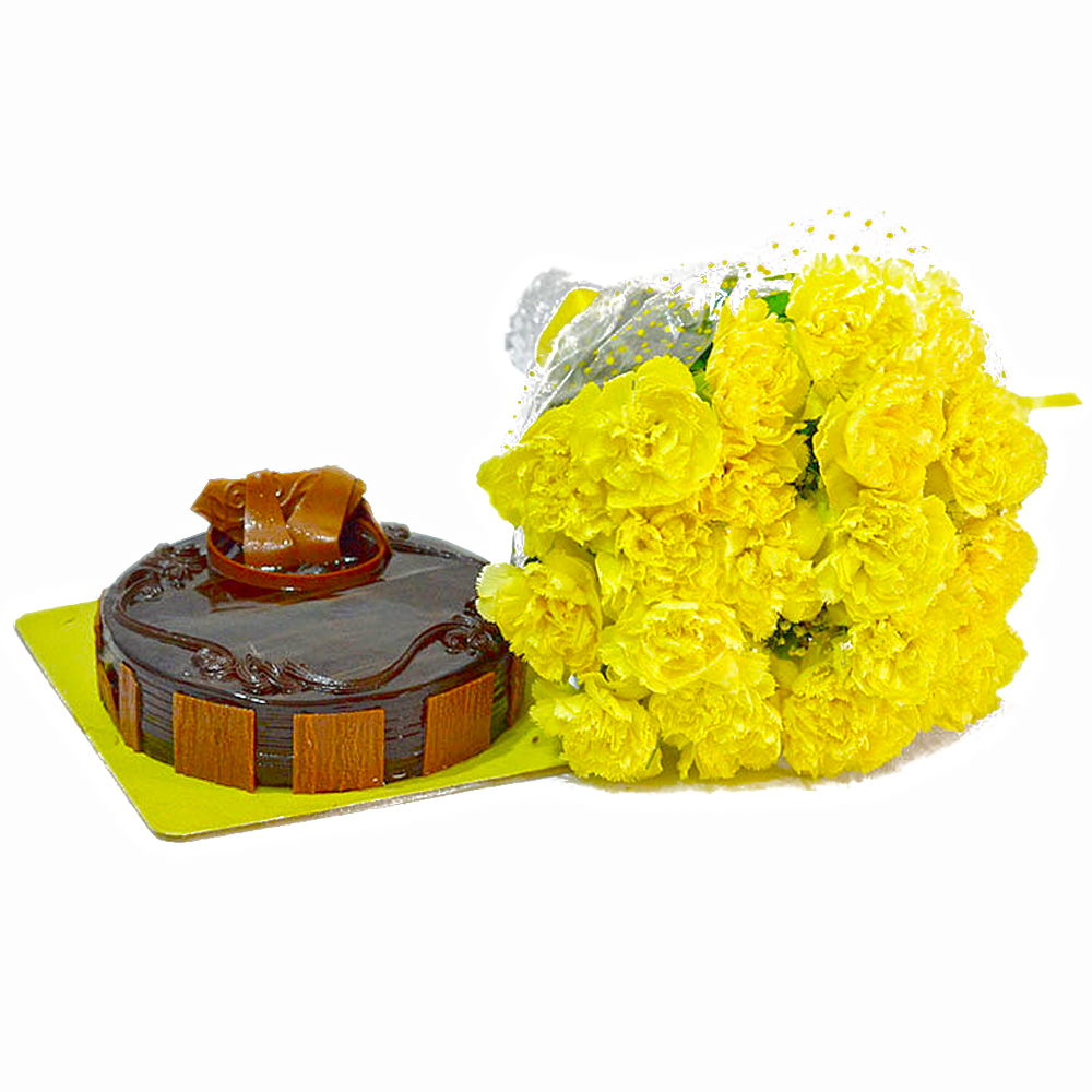 Bright Yellow Carnations and Chocolate Cake