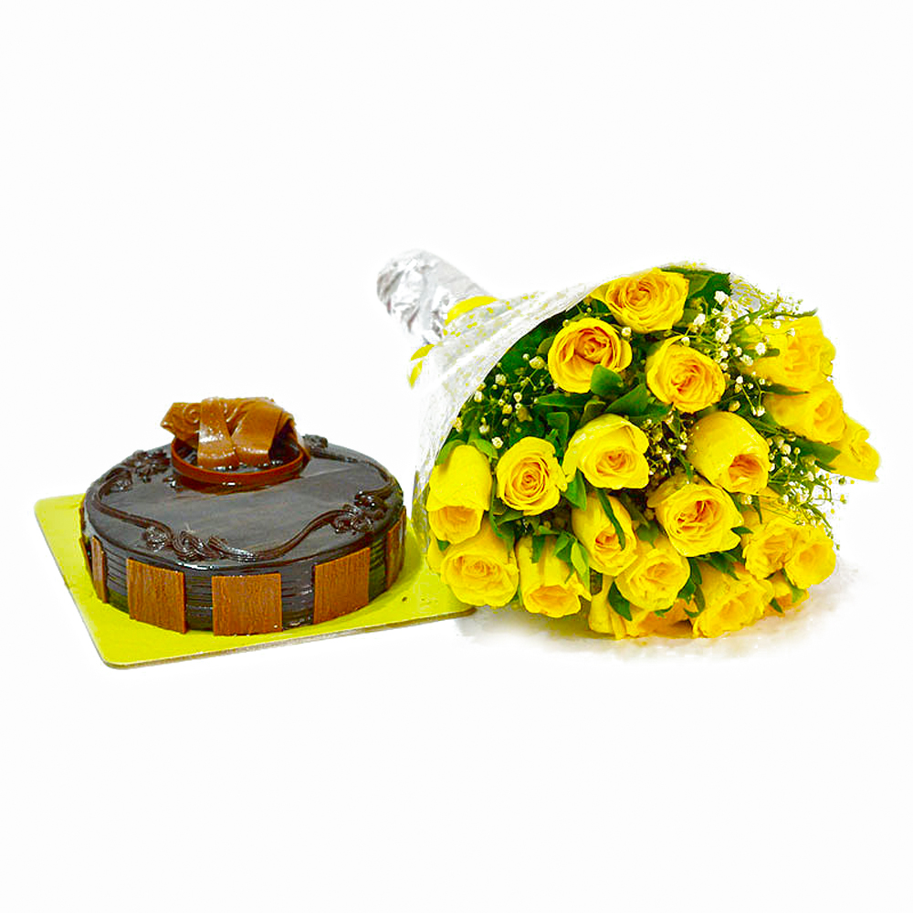 Chocolate Cake with 20 Yellow Color Roses