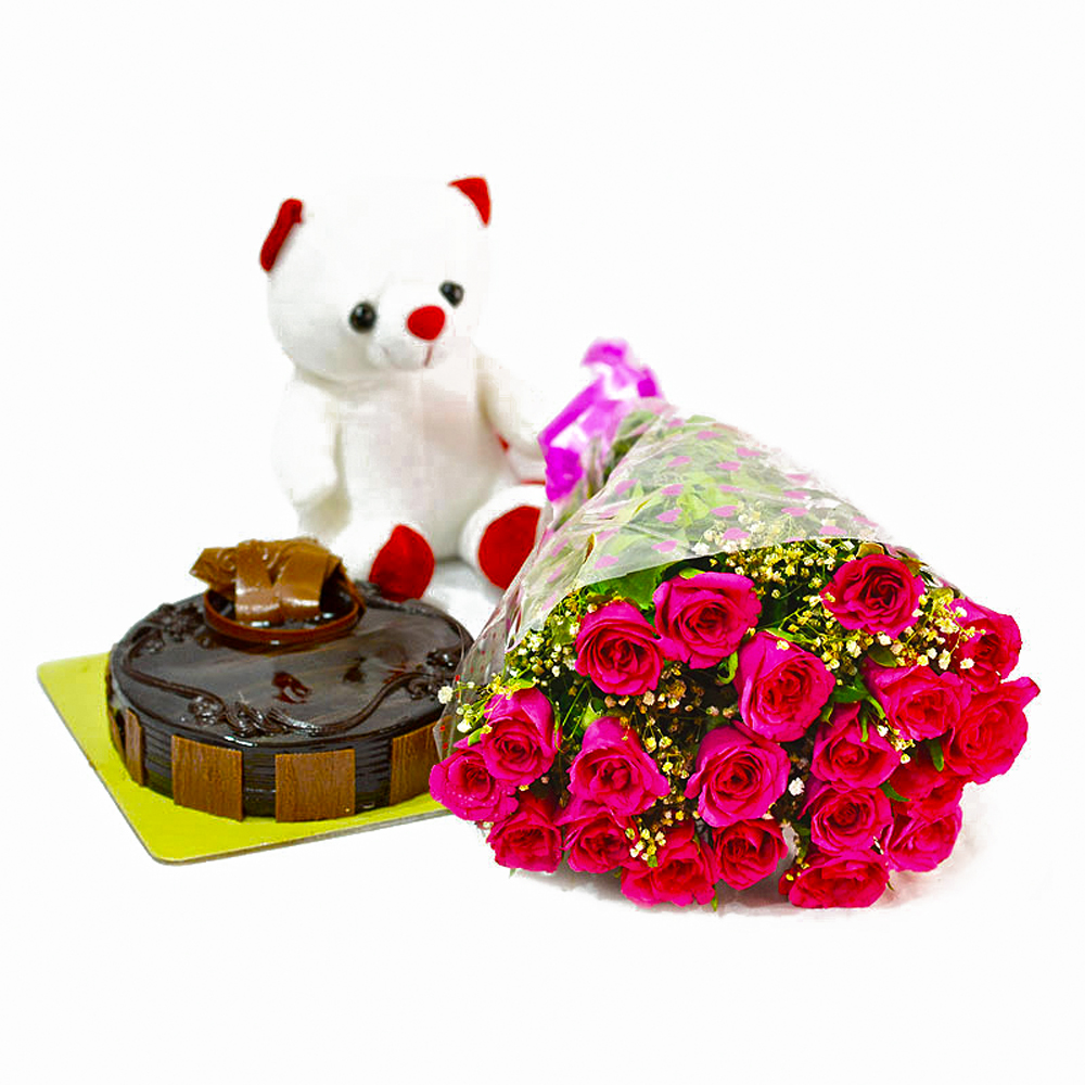 Cute Teddy Bear with Pink Roses Bunch and Chocolate Cake