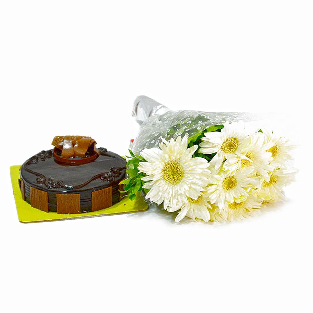 Bouquet of 10 White Gerberas and Chocolate Cake