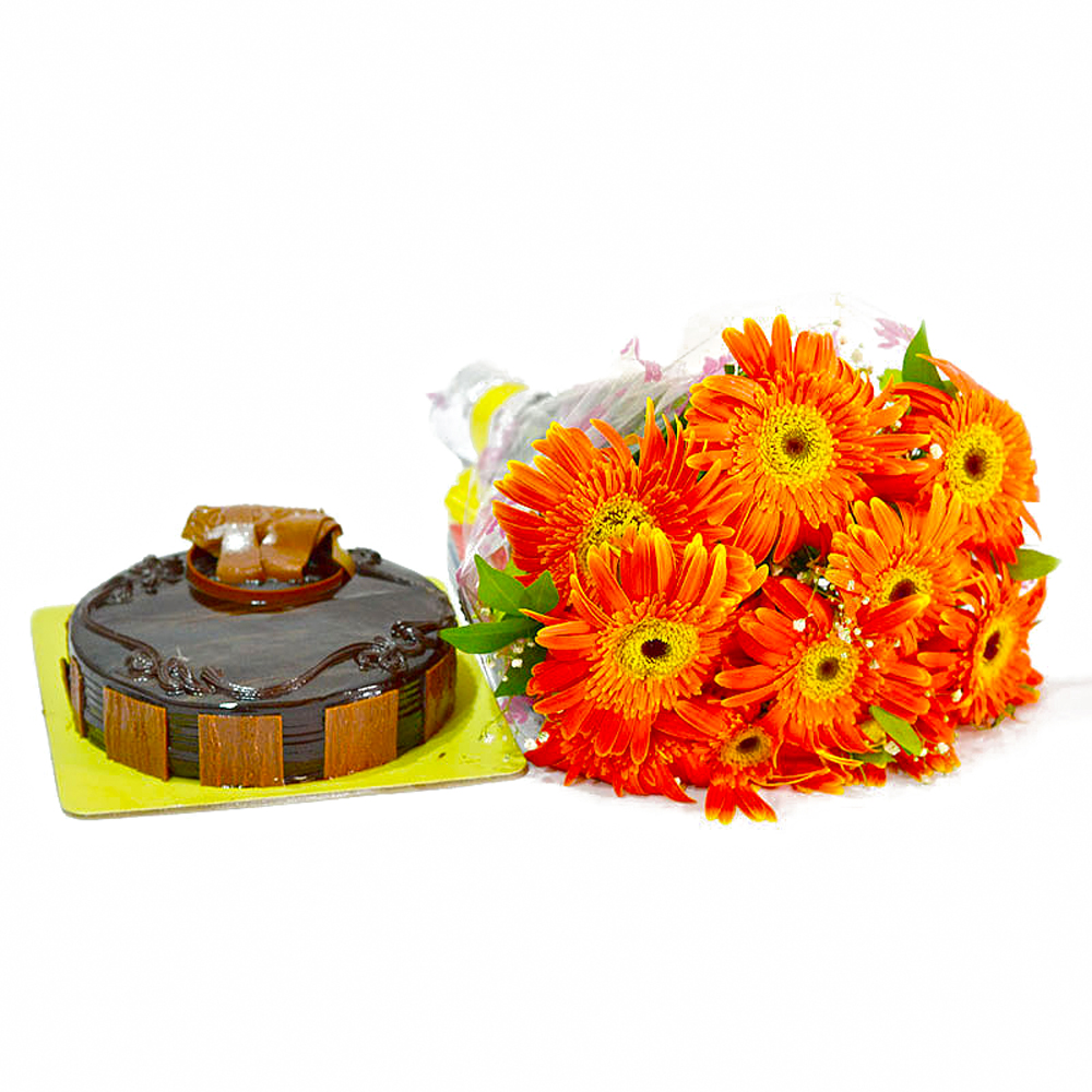 Bouquet of  10 Orange Gerberas and Chocolate Cake