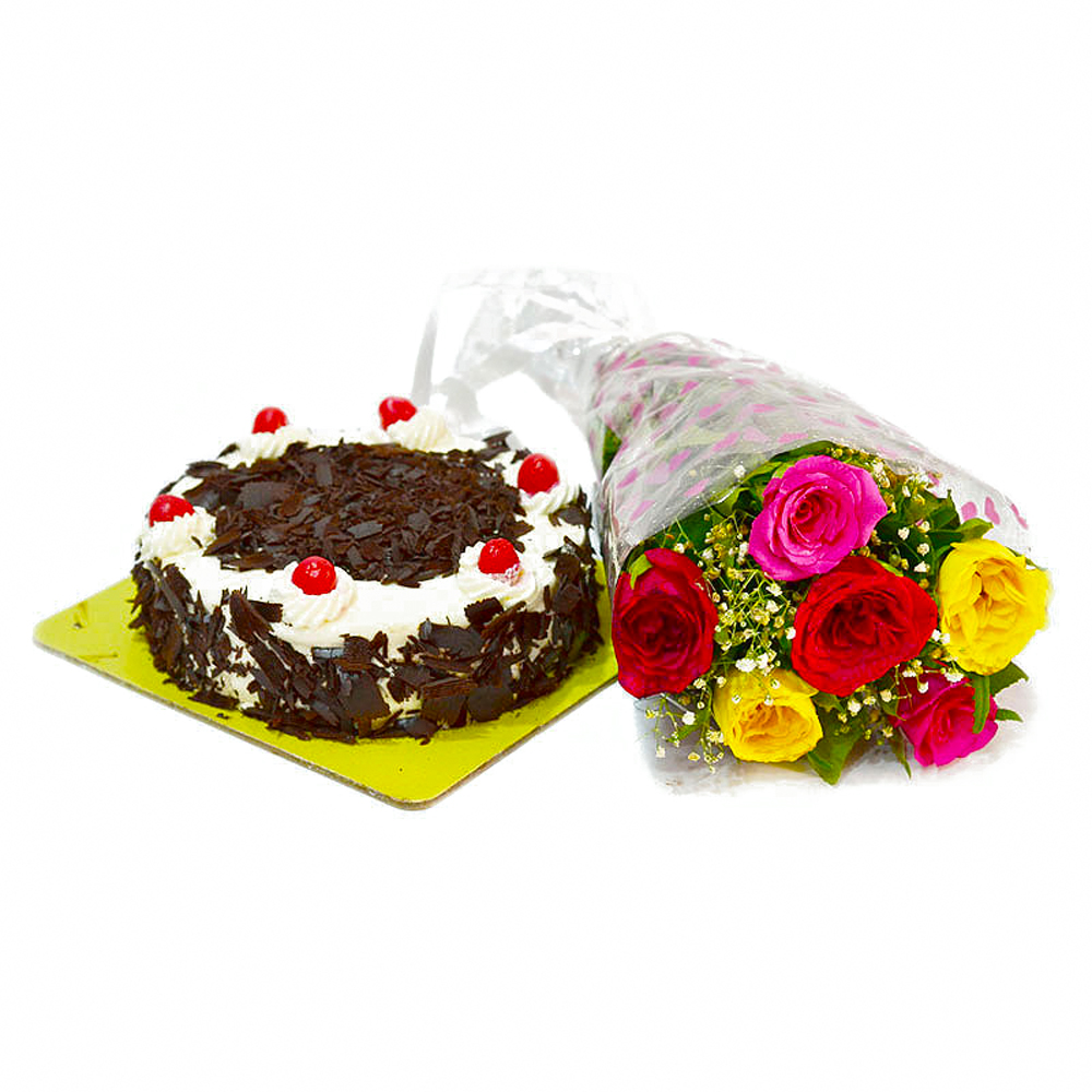 Anniversary Combo of Colorful Roses and Black Forest Cake