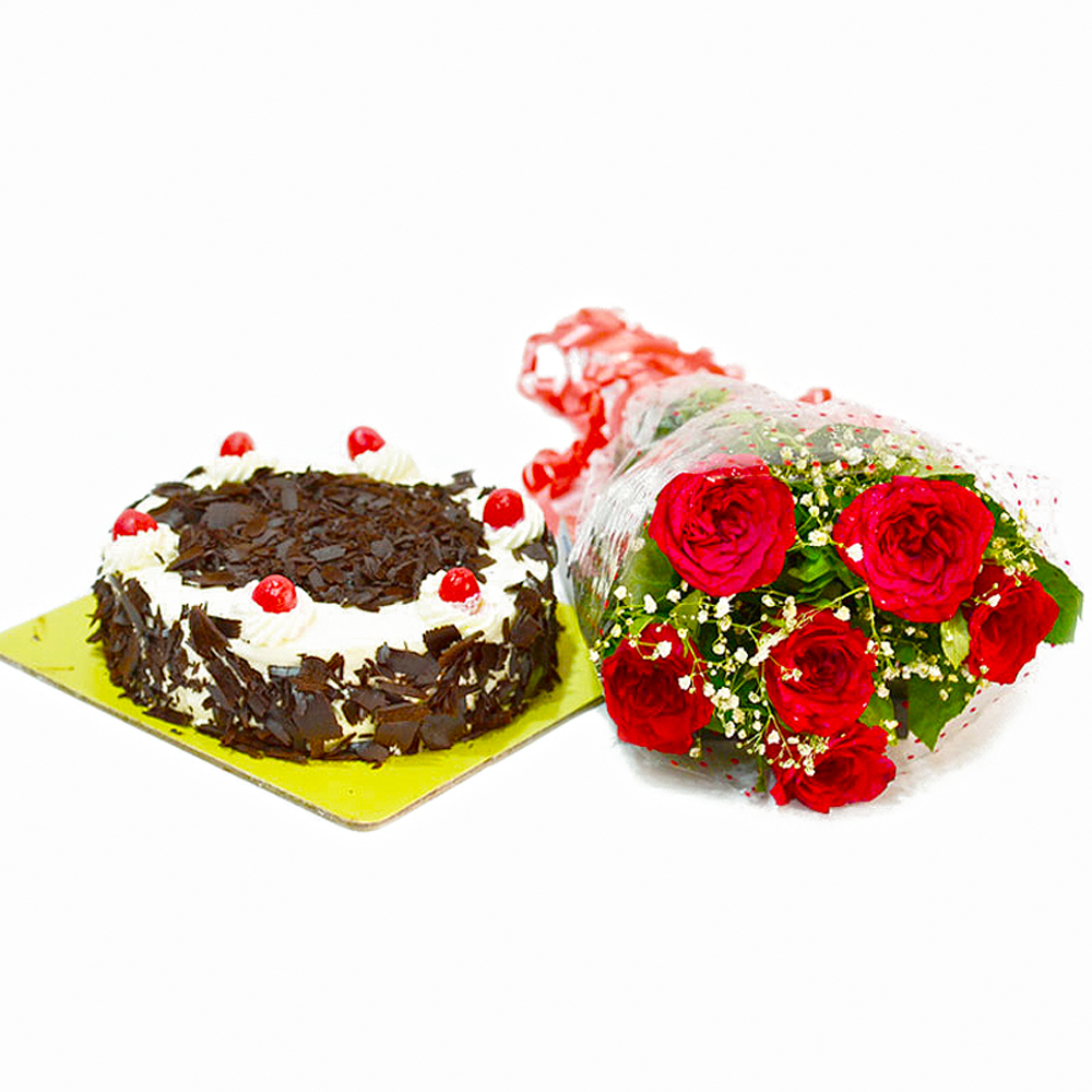 Half Kg Black Forest Cake and Six Red Roses Bouquet