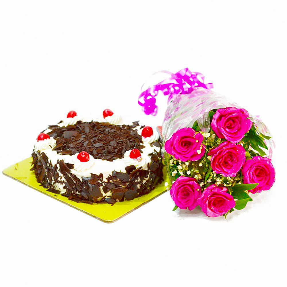 Sweet 6 Pink Roses with Half Kg Black Forest Cake