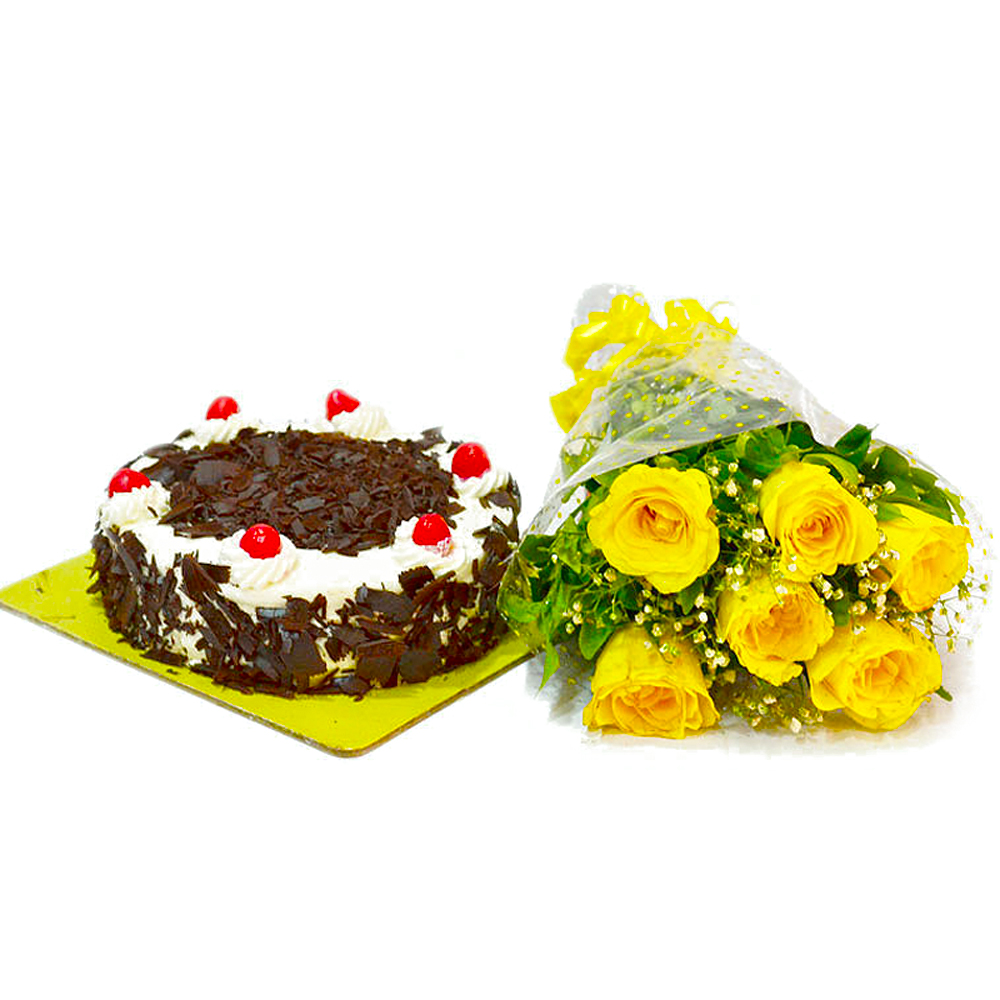 Yellow Roses Bouquet and Half Kg Black Forest Cake