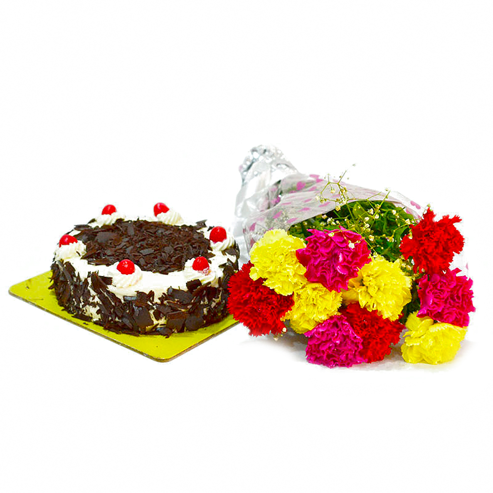 Ten Multi Color Carnations Bunch with Half Kg Black Forest Cake