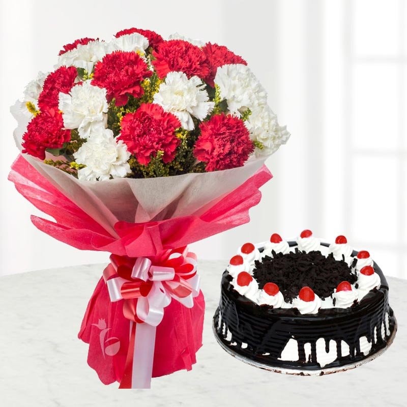 Red and White Carnations Bouquet with Half Kg Black Forest Cake
